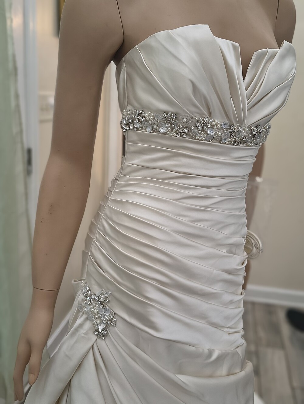 NWT Sophia Tolli Strapless Cream Satin Ruched Gown with Beaded Waist - Picture 16 of 16